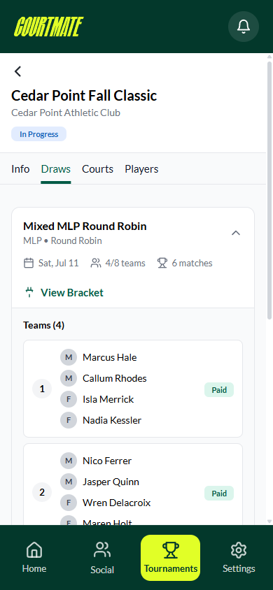 Courtmate player app — tournament draw with team rosters