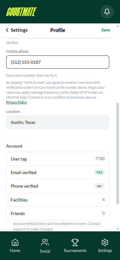 Courtmate app profile screen showing the mobile phone field with the SMS consent disclosure displayed beneath it